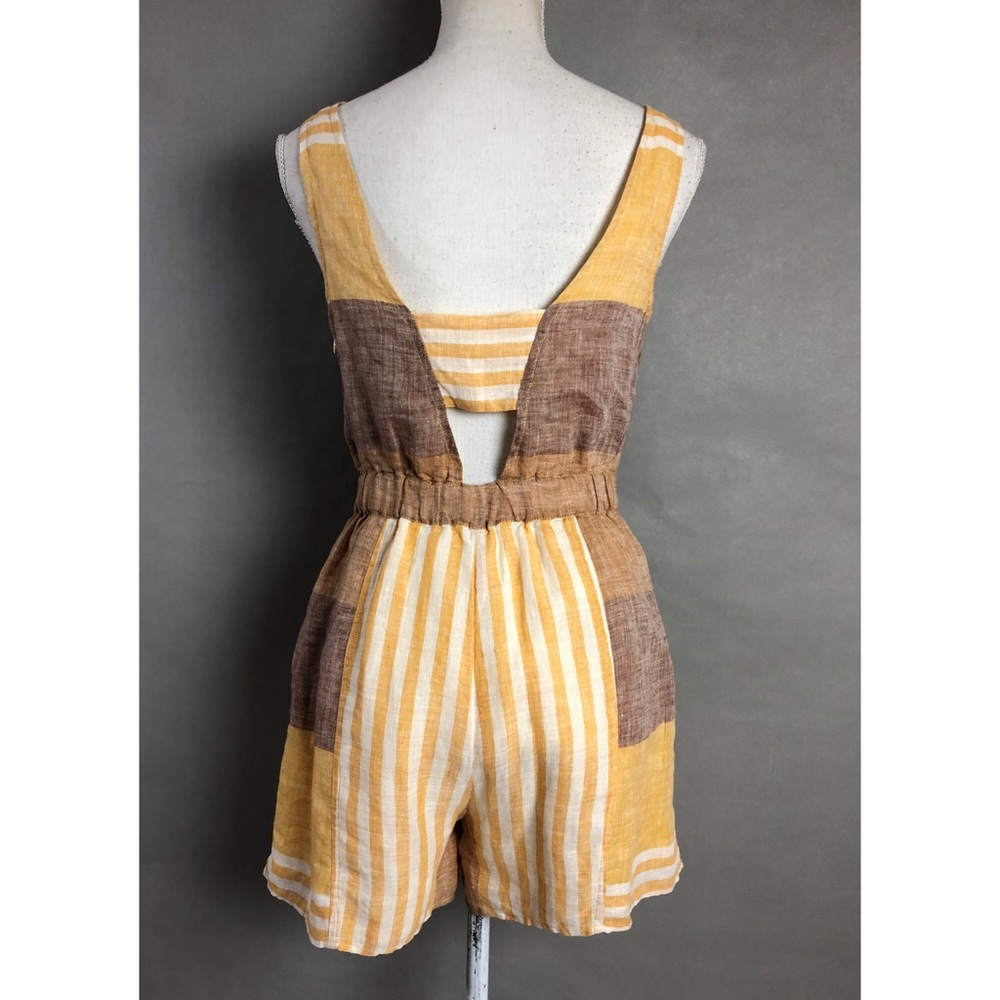 Anthropologie Romper Orange Brown Striped Linen - Picture 3 of 8